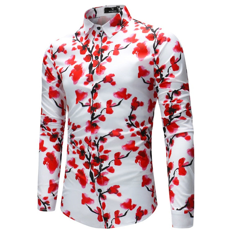 Plum Blossom Shirt Unique Print Hawaiian Men Flowers Shirt Fashion Slim Casual Soft Comfort Long Sleeve Dress Shirt