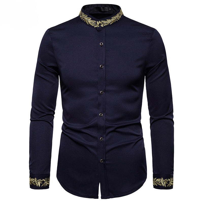 Gold Embroidery White Shirt Men Brand New Stand Collar Mens Dress Shirts Casual Slim Long Sleeve Chemise Homme Camisa Masculina