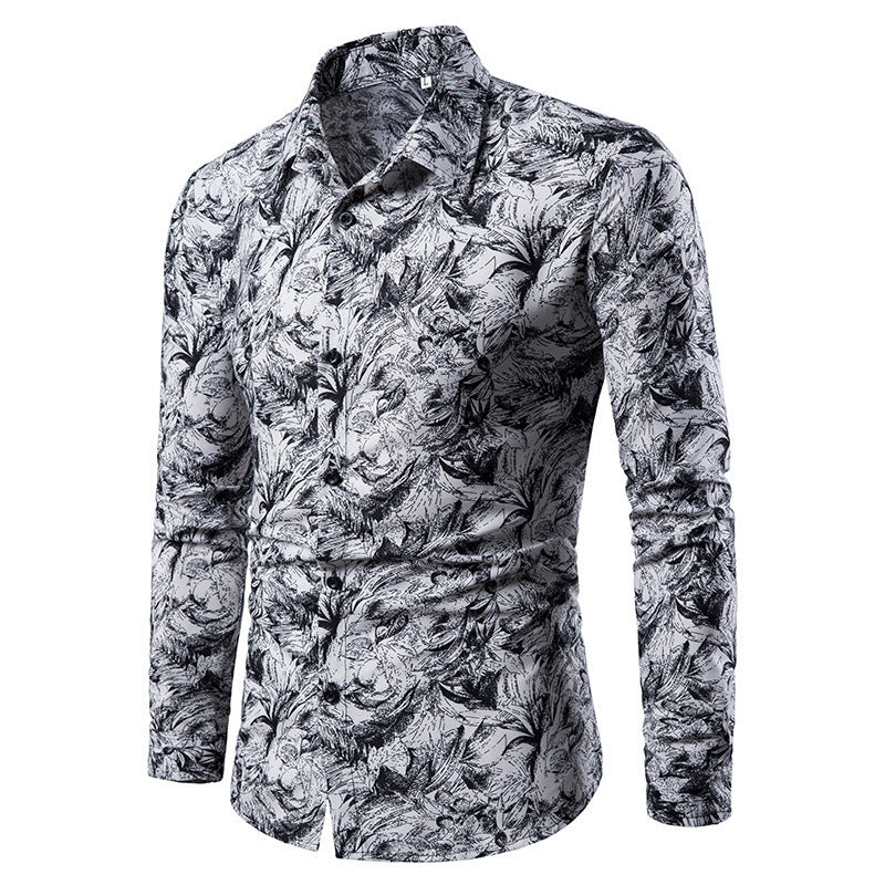 Autumn and Winter Mens Shirt Printed Casual Long Sleeved Shirt Slim Fit Male Social Dress Shirt For Men