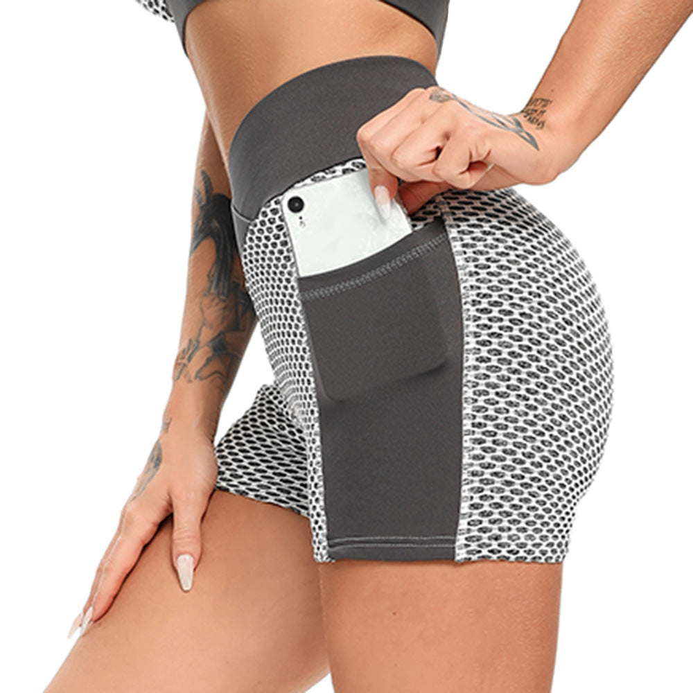 Honeycomb Jacquard Yoga Shorts Women High Waist Side Pockets