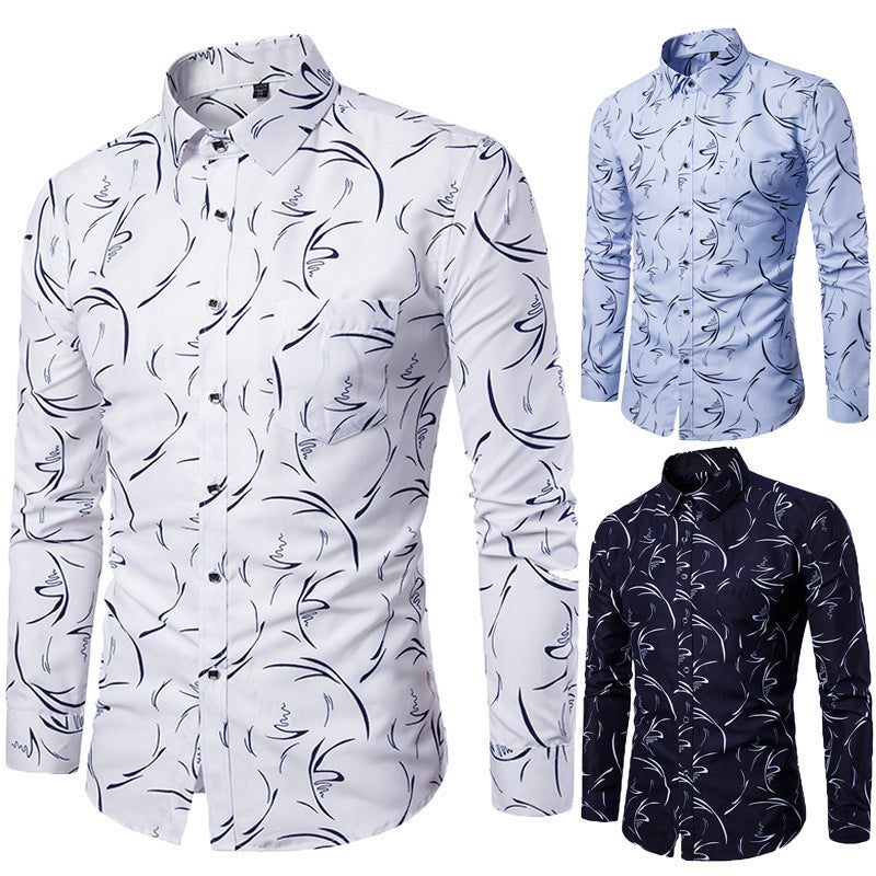 Printed Long-sleeved Slim Casual Shirt Men