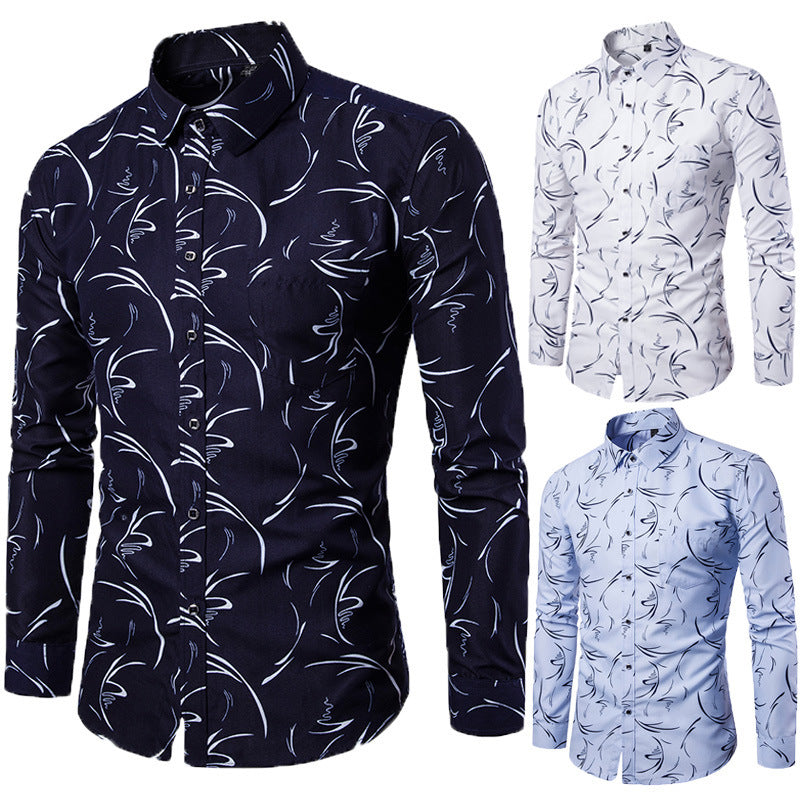 Printed Long-sleeved Slim Casual Shirt Men