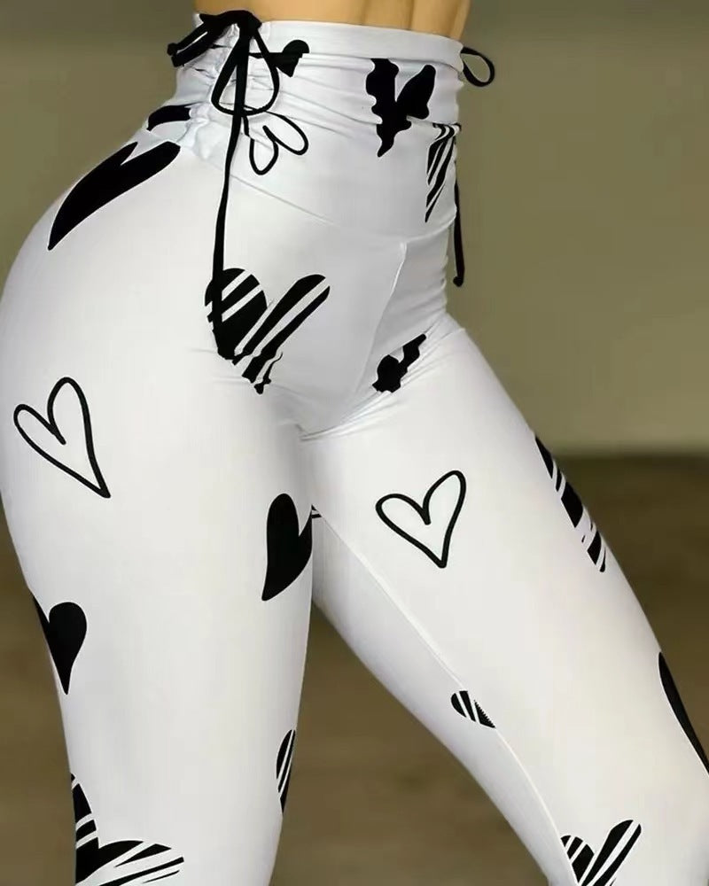 Drawstring Heart Print Yoga Sports Hip-hop Fitness Leggings