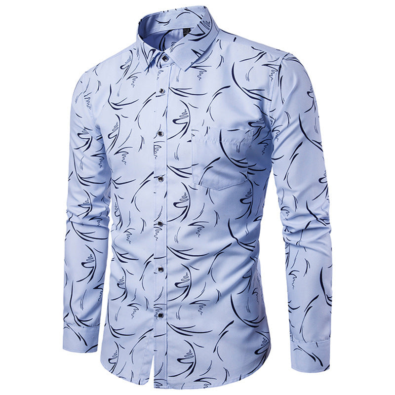 Printed Long-sleeved Slim Casual Shirt Men