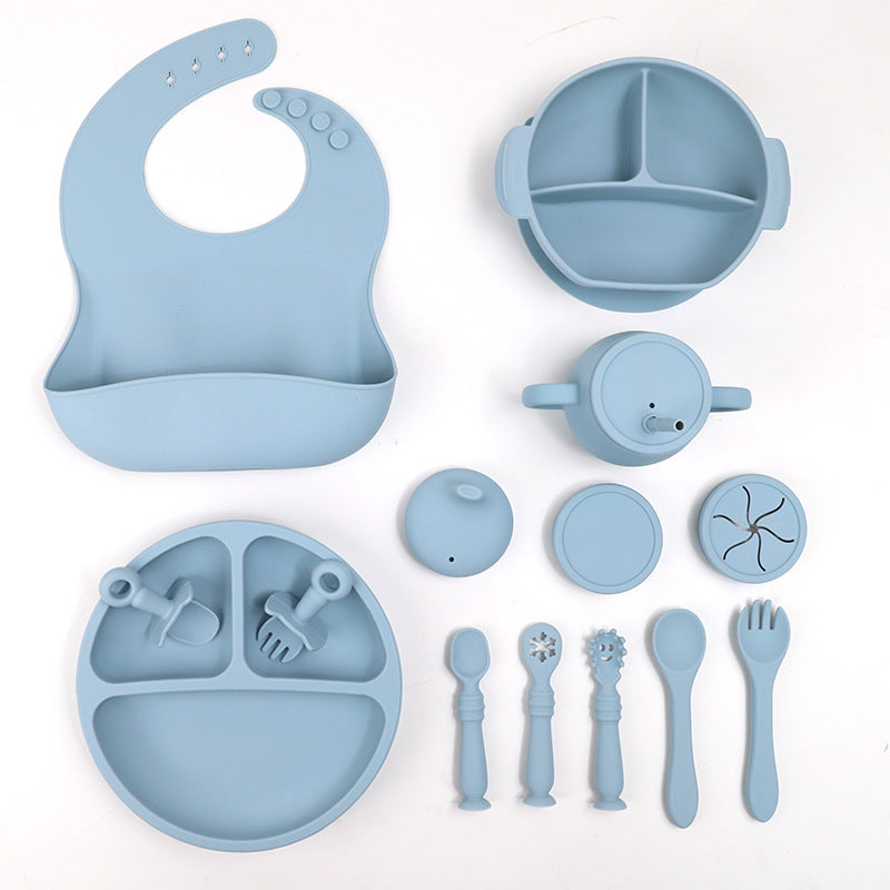 Silicone Children's Tableware Set Baby Feeding Solid Food Tableware Bib Suction Cup Bowl Spoon Plate Bib 15-piece Set