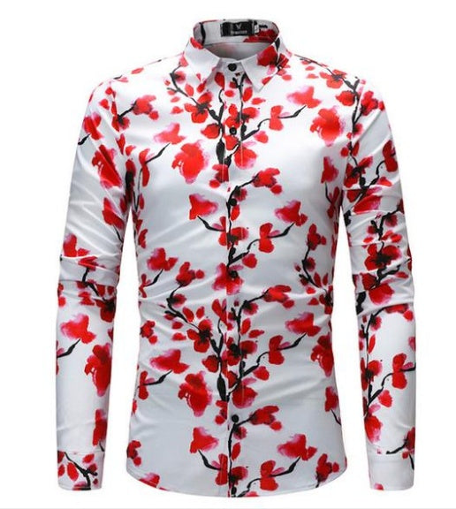 Plum Blossom Shirt Unique Print Hawaiian Men Flowers Shirt Fashion Slim Casual Soft Comfort Long Sleeve Dress Shirt