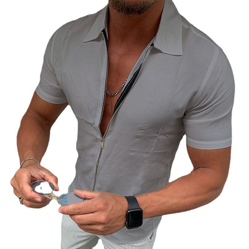 Solid Color Zipper Short Sleeve Shirt Slim Fit Men Casual Lapel Cardigan