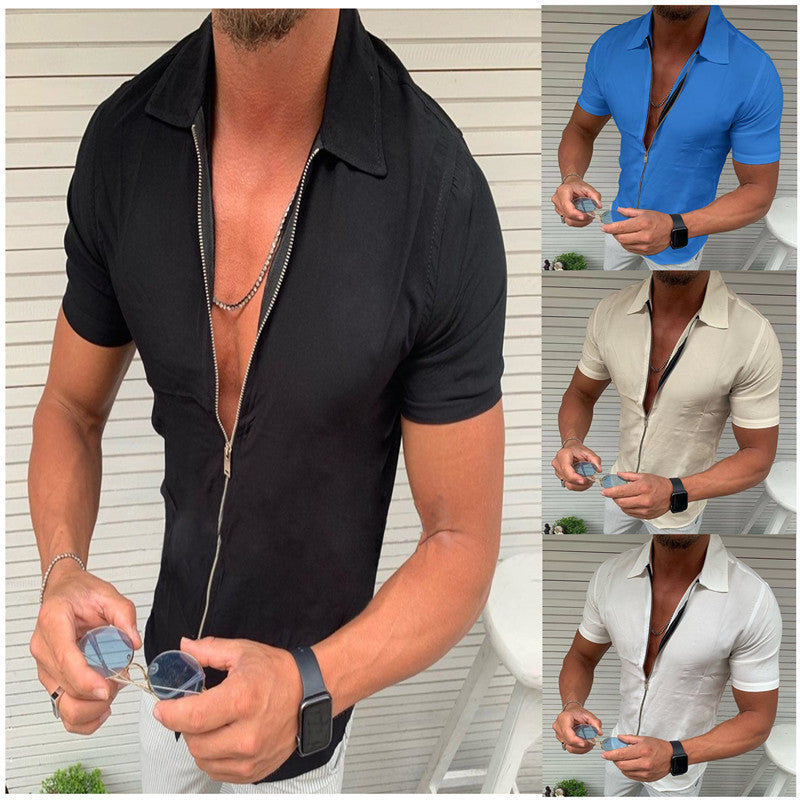 Solid Color Zipper Short Sleeve Shirt Slim Fit Men Casual Lapel Cardigan