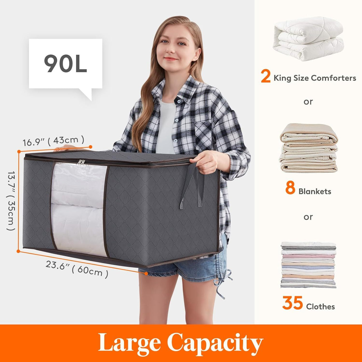 Large Capacity Clothing Storage Bag With Reinforced Handle, Thick Fabric, Foldable, Sturdy Zipper, 1 Set Of 3 Bags, 90L, Gray